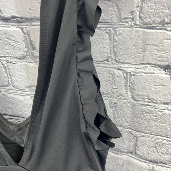 Catalina Swimwear Black 1 Piece Swimsuit Size M Ruffle Smocked Deep Plunge NWT - Picture 5 of 12